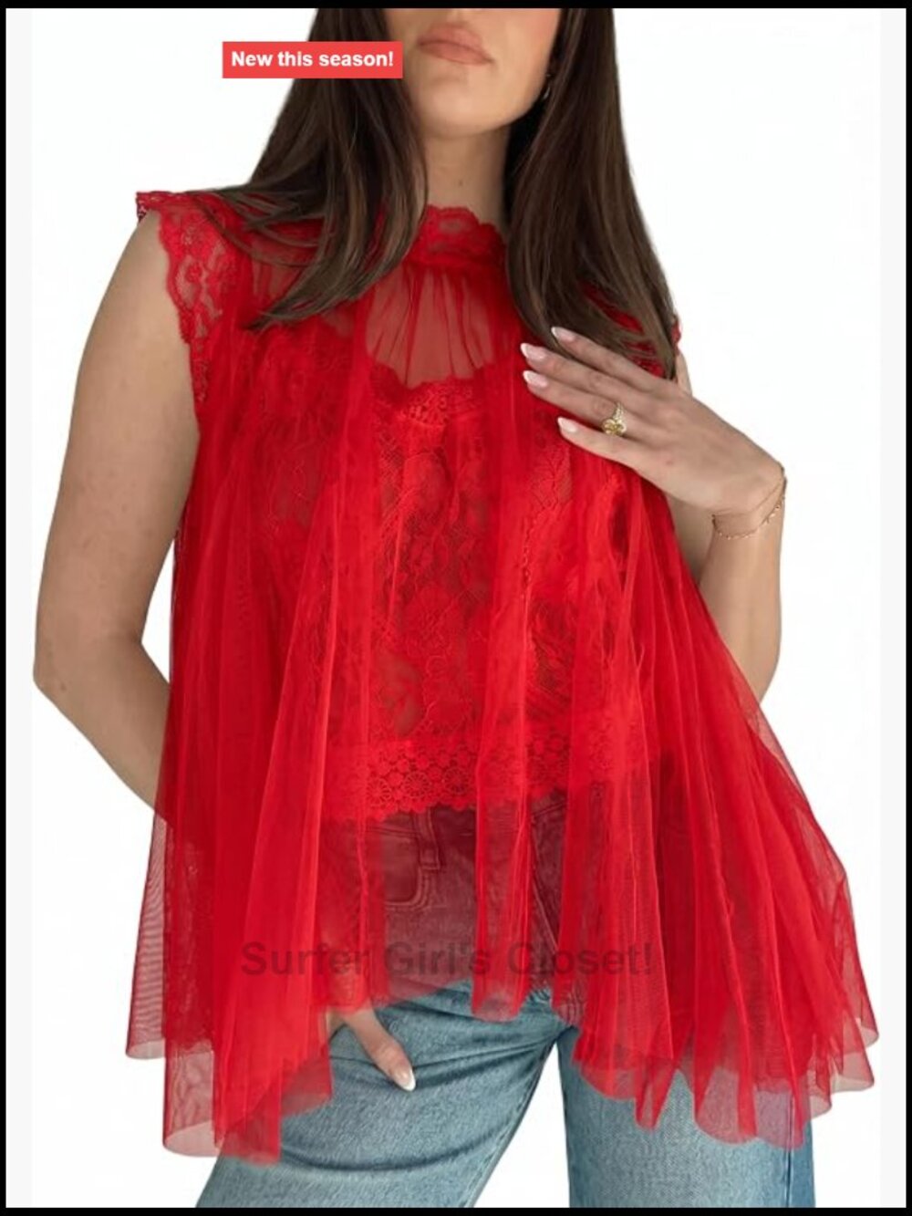 Sheer Organza Blouse Lace Cropped Tank 2 Piece Layered Sleeveless High Neck